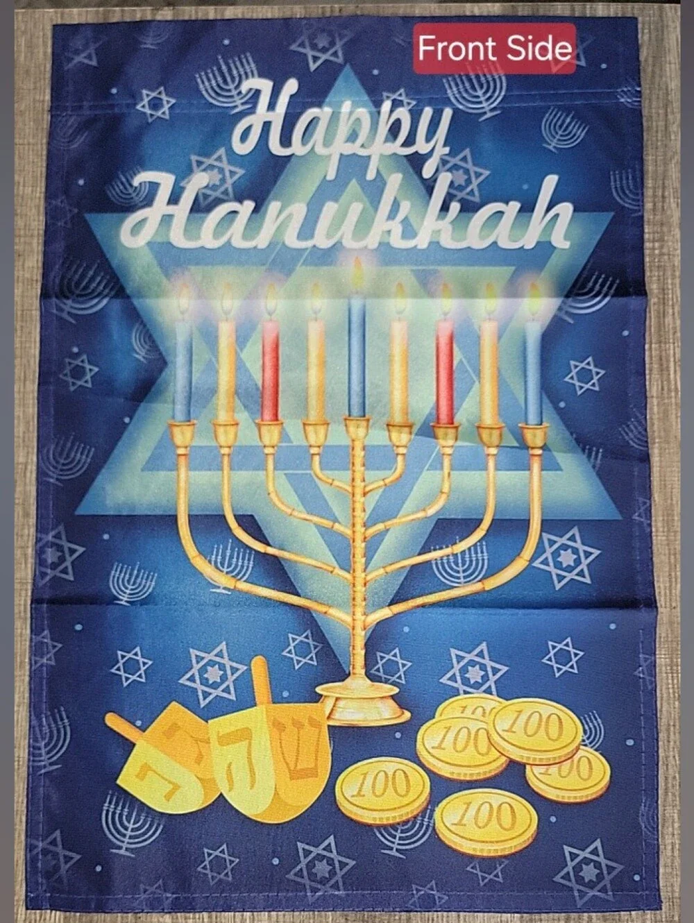 Deco Hanukkah Garden Flag Multi-colored. Hanukkah Candles, dreidels, & Coins